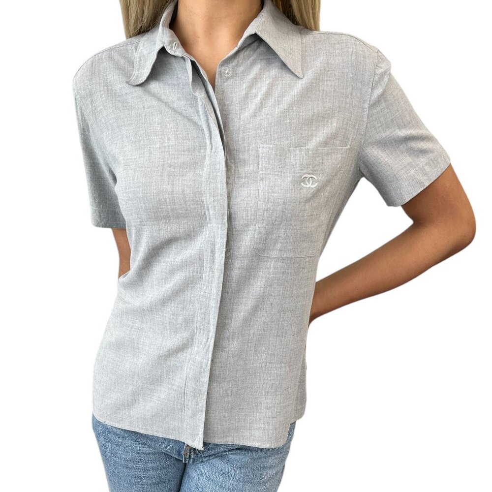 CHANEL Vintage 99P CC Logo Button Up Shirt #42 Blouse Top Pocket Gray [105980]